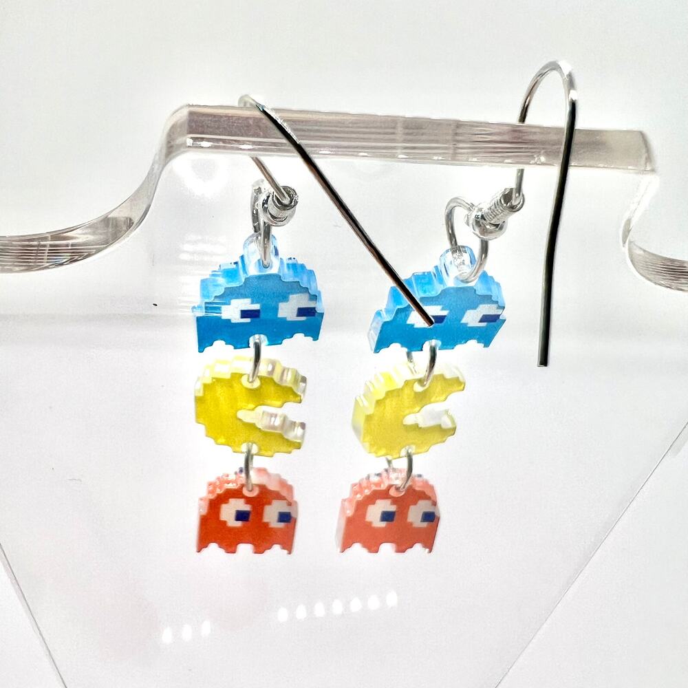 Pacman Earrings - Retro Arcade Dangle Jewelry - Fun Colorful Gamer Style - Picture 4 of 8